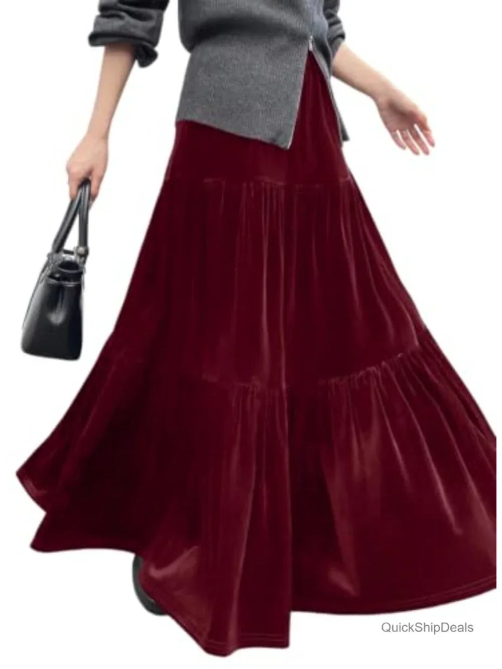 Women Velvet Maxi Skirt High Waisted A-Line Ruffled with Pockets